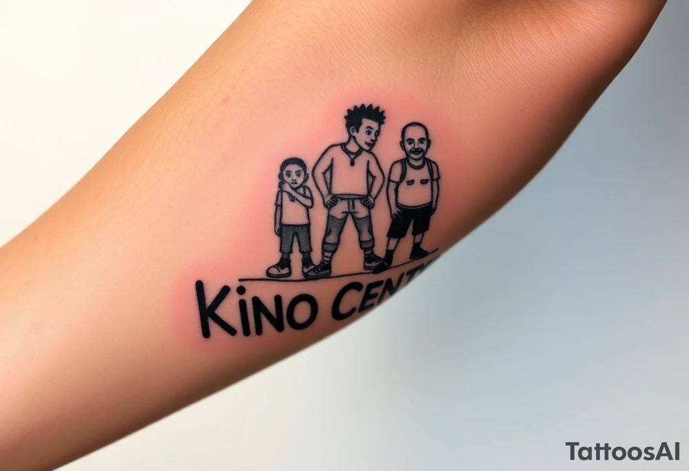 Forearm tattoo of boondocks characters standing on top of the words kino central tattoo idea