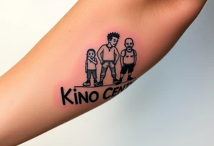 Forearm tattoo of boondocks characters standing on top of the words kino central tattoo idea