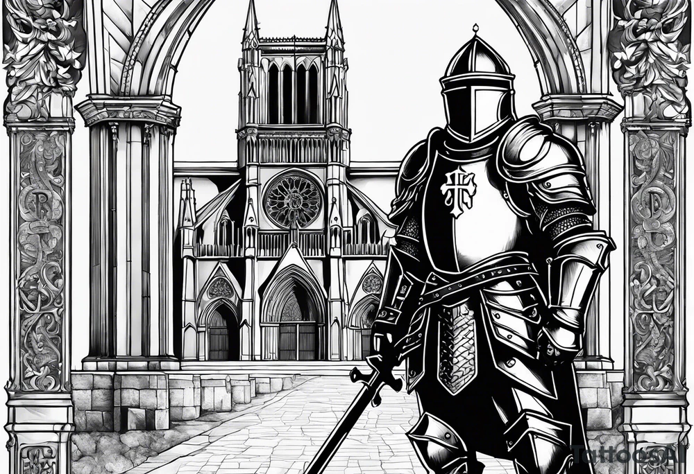 knight with heavy armor with Notre Dame with initials RJL on chest tattoo idea