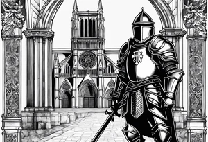 knight with heavy armor with Notre Dame with initials RJL on chest tattoo idea