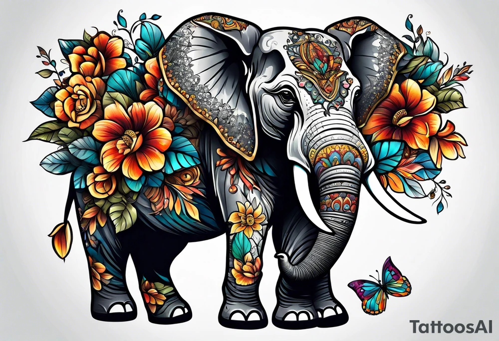 elephant with flowers tattoo idea