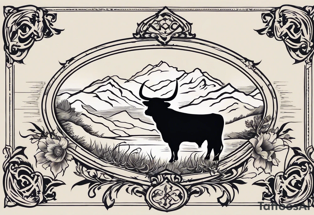I want to create a tattoo of a personal coat of arms I want to incorporate the highlands as a silhouette and the serenity prayer (highlighting Serenity, Courage, Wisdom) as a scroll at the bottom For the coat of arms, 4 points are music, highland cow, thistle/heather, and border collie head/ears silhouette. I would also like a rosary incorporated tattoo idea