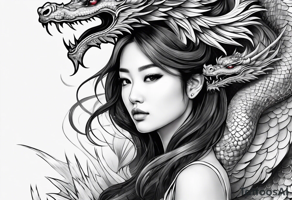 a girl surrounded by asian dragon with wings tattoo idea