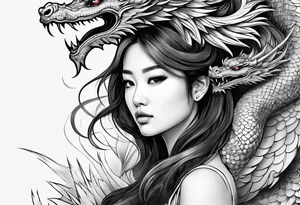 a girl surrounded by asian dragon with wings tattoo idea