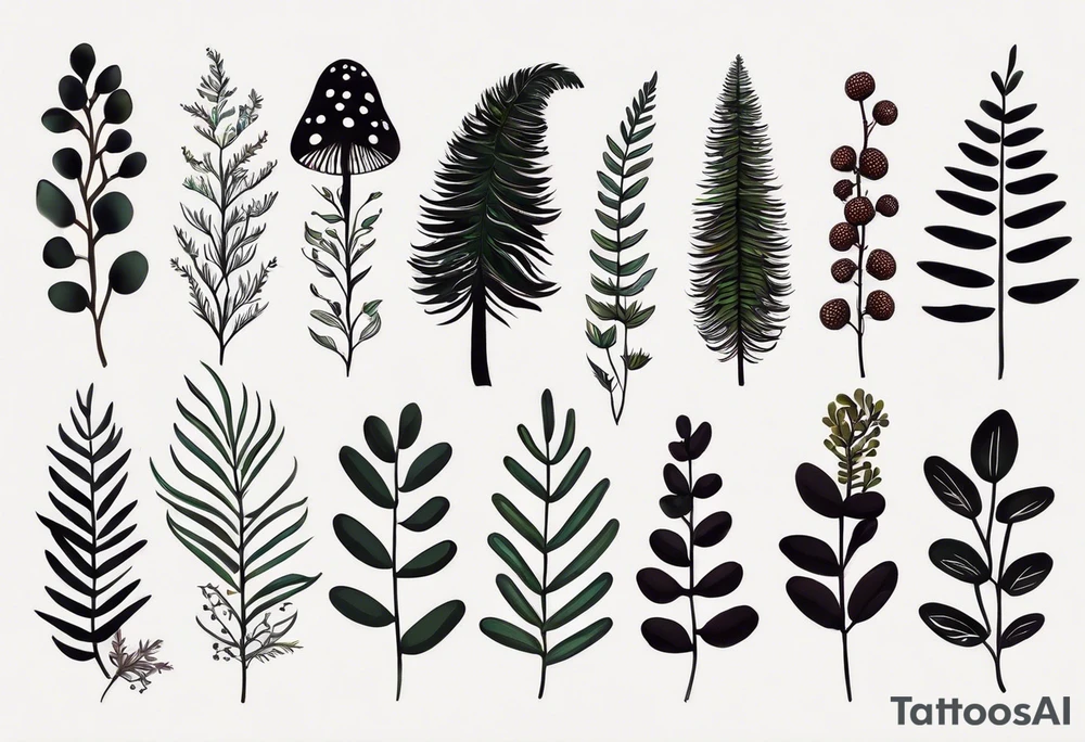 forest floor inspired minimalist tattoo, which includes grass, curly ferns, moss and dead leaves as the bulk of the tattoo. details to include: forest berries, a tiny bumblebee flying nearby, three small brown mushrooms
Generate a vertically long one tattoo idea