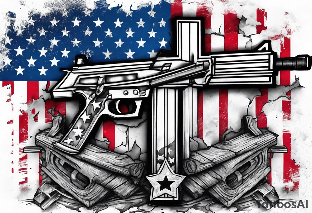 Distressed American flag behind a cross with 2 guns leaned on it simpler tattoo idea