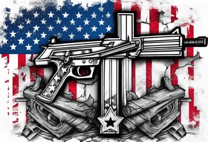 Distressed American flag behind a cross with 2 guns leaned on it simpler tattoo idea