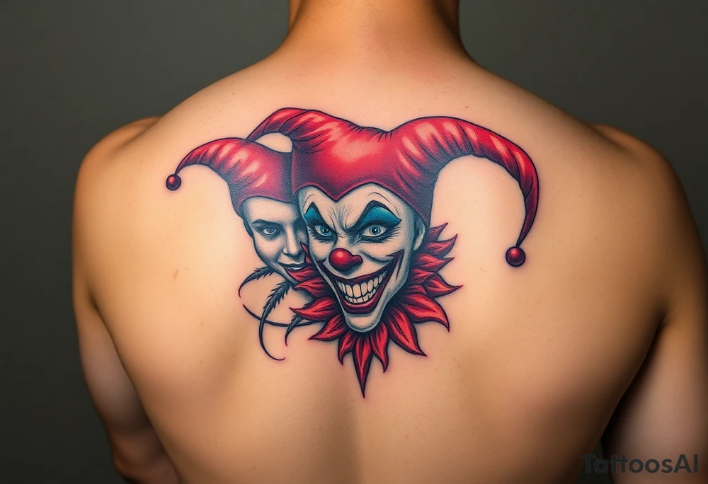 jester clown behind female jester making her smile tattoo idea
