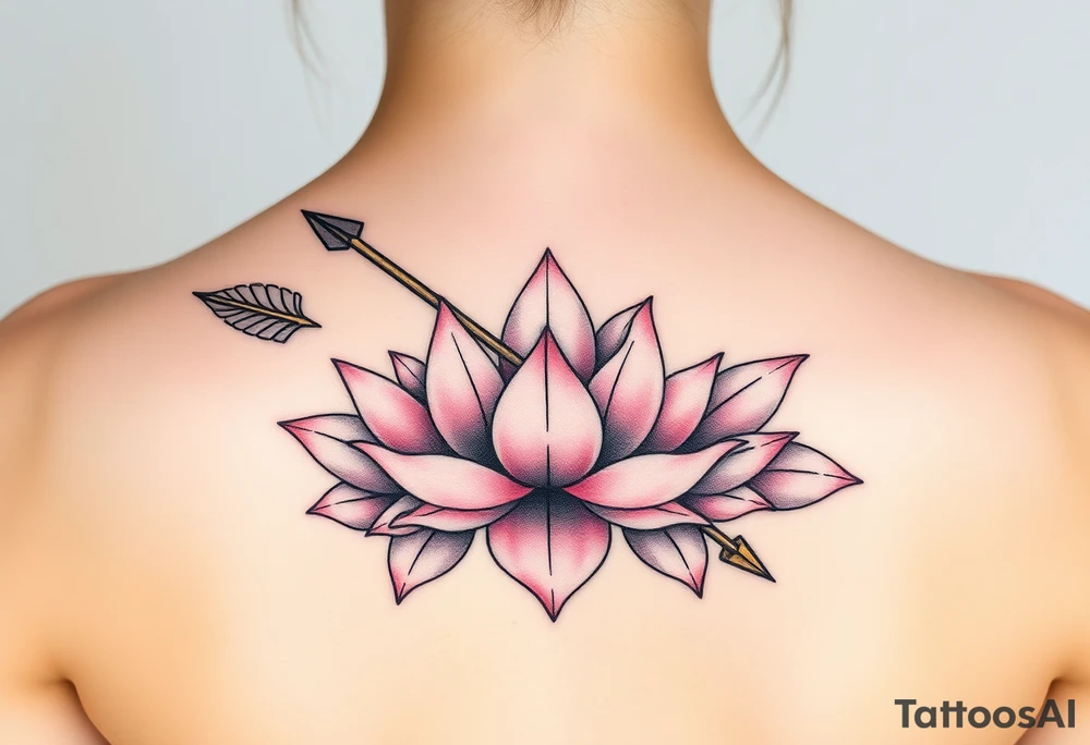 A Sagittarius arrow wrapped in blooming lotus flowers, symbolizing spiritual growth, in soft pink and gold tattoo idea