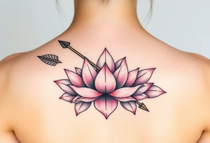 A Sagittarius arrow wrapped in blooming lotus flowers, symbolizing spiritual growth, in soft pink and gold tattoo idea