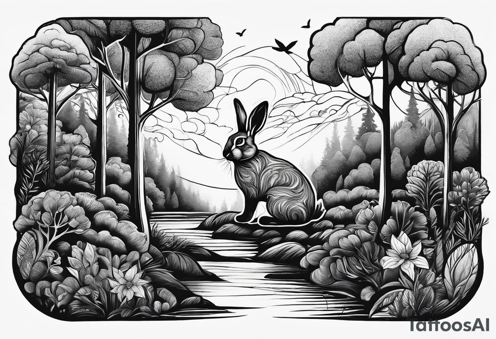 forest with a rabbit between the trees. Tattoo for a female forearm. tattoo idea