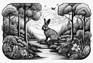 forest with a rabbit between the trees. Tattoo for a female forearm. tattoo idea