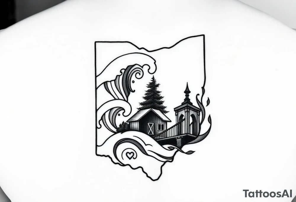Vertical layout with icons stacked top to bottom:
-Outline of Ohio with a tiny heart/star where cleveland, ohio is, that is wrapped or backed by the Earth symbol from avatar: the last airbender (solid base, mountain-like structure)
-Wave and Piton line art that is surrounded by flowing Air symbol swirls from avatar: the last airbender 
-Barn and pine tree with subtle wedding ring shape in foliage that is embraced by the Water symbol from avatar: the last airbender  (fluid lines, holding it together).
-Stylized Brooklyn Bridge or brownstone silhouette that is rising from or behind the Fire symbol from avatar: the last airbender  (bold flickers around edges). tattoo idea
