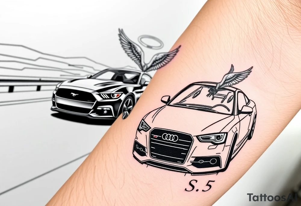 2014 Mustang GT driving down highway with 2015 Audi S5 with Angel wings and halo above 2015 Audi S5 tattoo idea