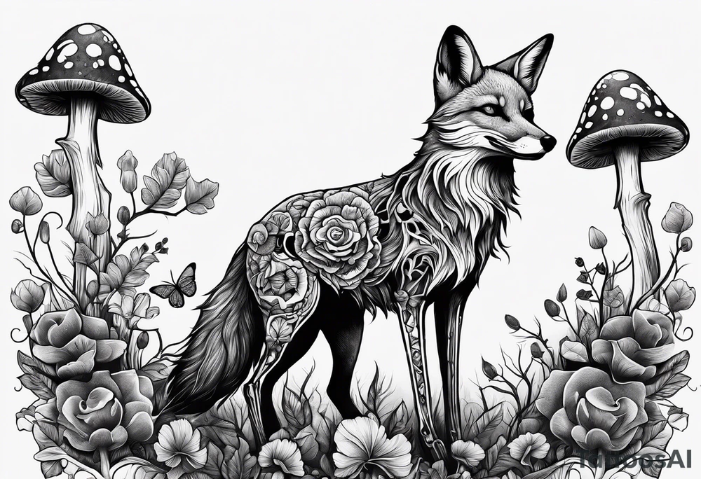 Dear fox skeleton with mushrooms growing out of it tattoo idea