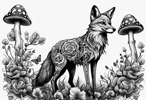 Dear fox skeleton with mushrooms growing out of it tattoo idea