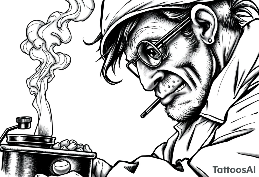 crazy mad scientist cooking drugs while smoking out of oil burner tattoo idea