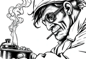 crazy mad scientist cooking drugs while smoking out of oil burner tattoo idea