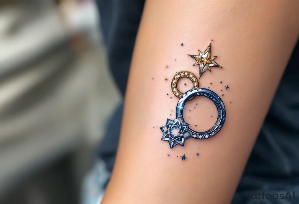 A trio of celestial rings in soft white, navy blue, and shimmering gold, representing love that transcends time and space. tattoo idea