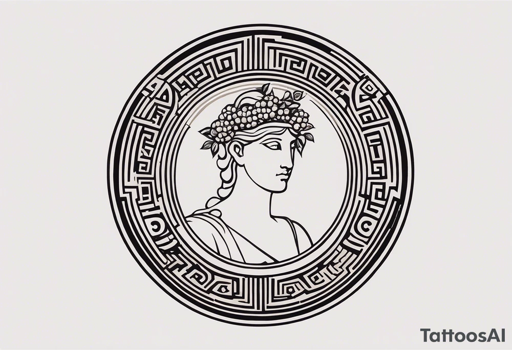 Craft an abstract yet distinctly ancient Greek-inspired tattoo design featuring Dionysus and Clio. Incorporate motifs from classical Greek art such as geometric patterns, meander borders, and stylized representations of the gods. For Dionysus, integrate symbols like grape clusters, ivy leaves, or the thyrsus staff in a dynamic and fluid composition, capturing the essence of his revelry and passion. Similarly, for Clio, infuse elements like scrolls, laurel wreaths, or the lyre into the design, evoking a sense of scholarly enlightenment and artistic inspiration. Ensure the overall aesthetic echoes the elegance and timelessness of ancient Greek art, offering a unique interpretation of these revered deities tattoo idea