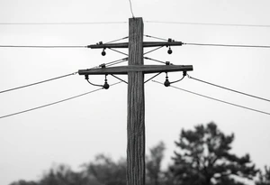a wooden 12kv distribution pole with electrical lines. Make the pole a cross that has a hidden resemblance to god. tattoo idea