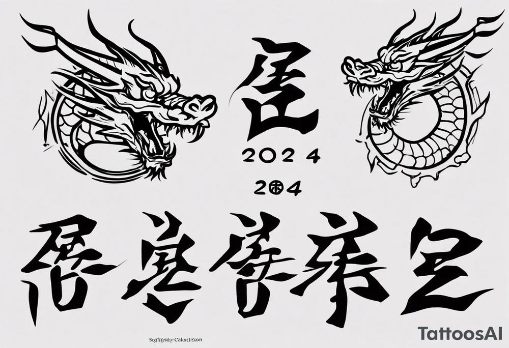 A simple tattoo of the year "2024" with a simple Chinese dragon must include the text "2024" in English tattoo idea