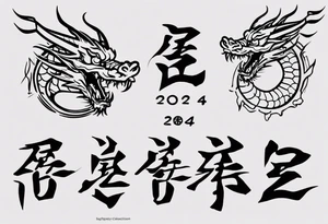 A simple tattoo of the year "2024" with a simple Chinese dragon must include the text "2024" in English tattoo idea