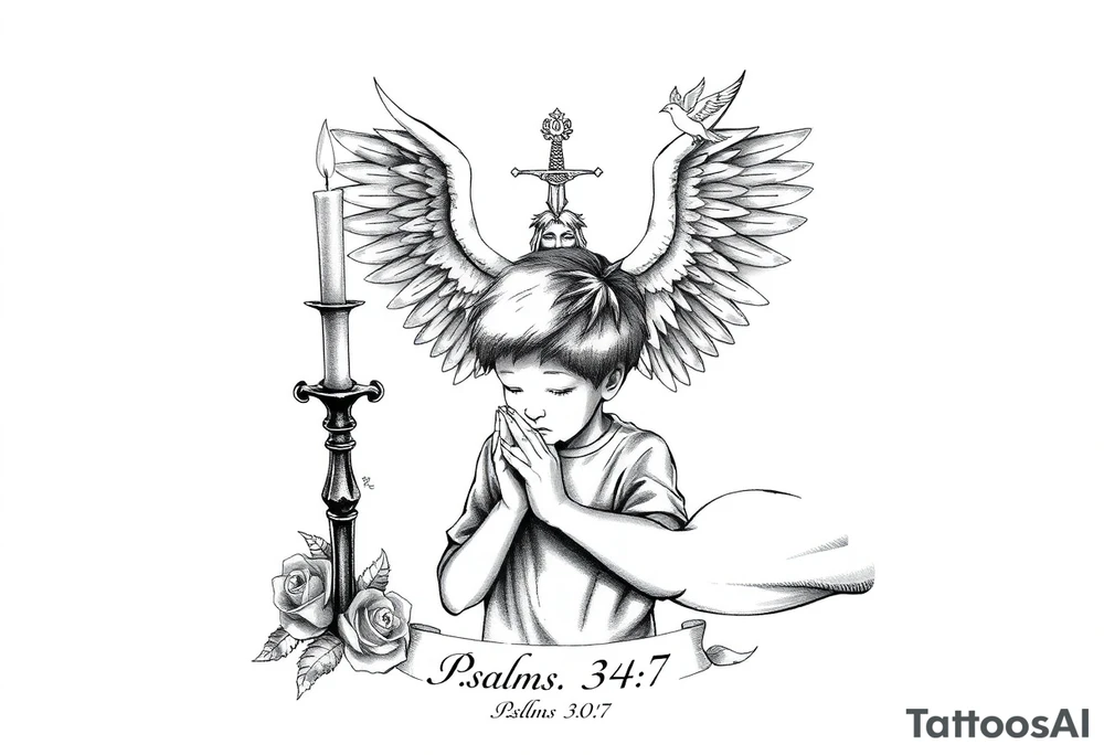 A boy praying in front of a candle casting a shadow in behind him. A guardian angel stands behind him holding a sword pointing into the ground, above the angel are barely visable demons, below everything is the bible verse Psalms 34:7. A rose and dove should be incorporated as well as gothic and fine line tattoo work. tattoo idea