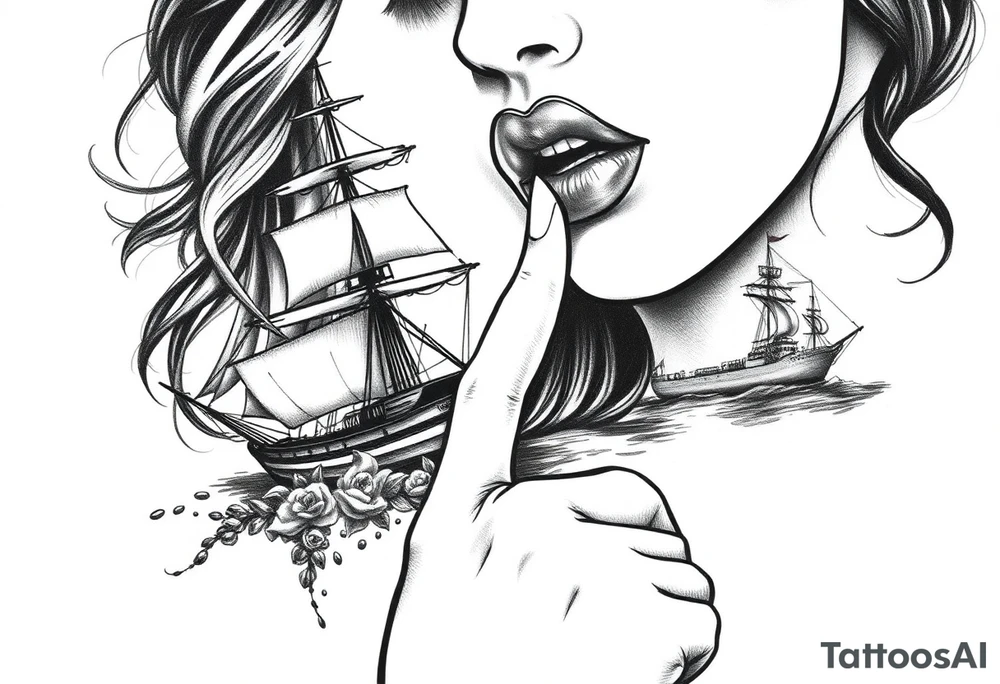 Old school ship and a realistic portrait of sexualised woman with her finger to her lips. Must say: Loose lips sink ships tattoo idea