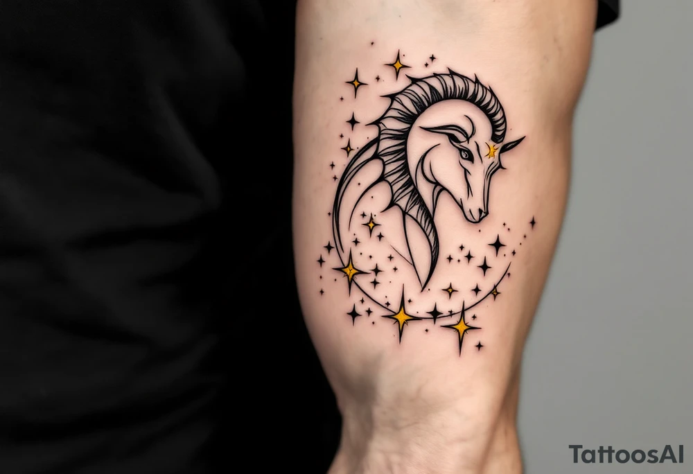 An abstract Capricorn with capricorn star constellation tattoo featuring bold black lines and radiant yellow stars scattered in the pattern tattoo idea