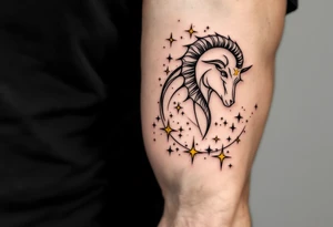 An abstract Capricorn with capricorn star constellation tattoo featuring bold black lines and radiant yellow stars scattered in the pattern tattoo idea