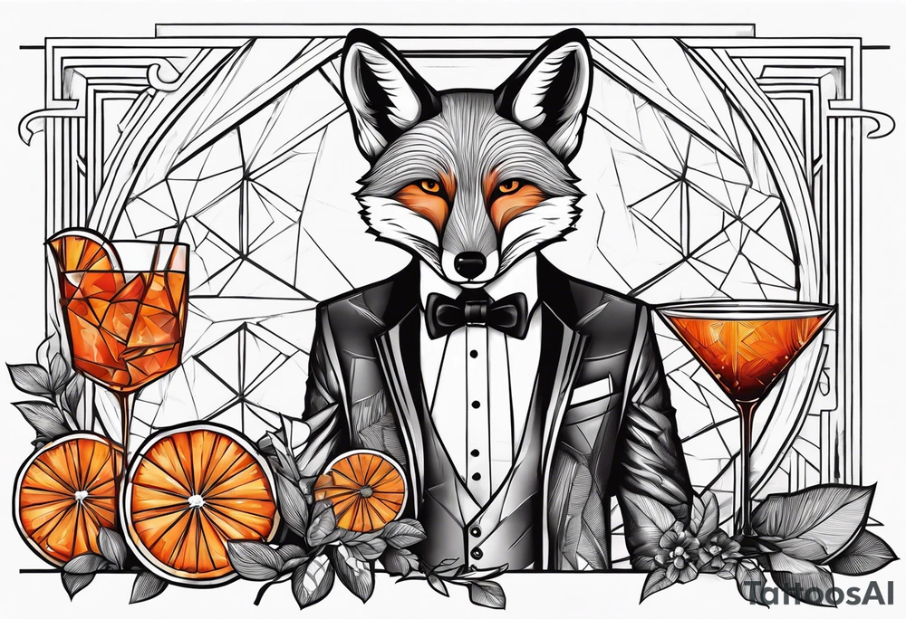 Adult male fox with one Negroni in short lowball cocktail glass with ice and orange peel with geometric background tattoo idea
