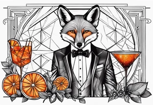 Adult male fox with one Negroni in short lowball cocktail glass with ice and orange peel with geometric background tattoo idea