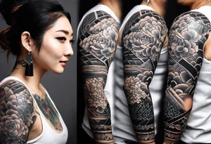 japanese sleeve tattoo with blocky elements tattoo idea