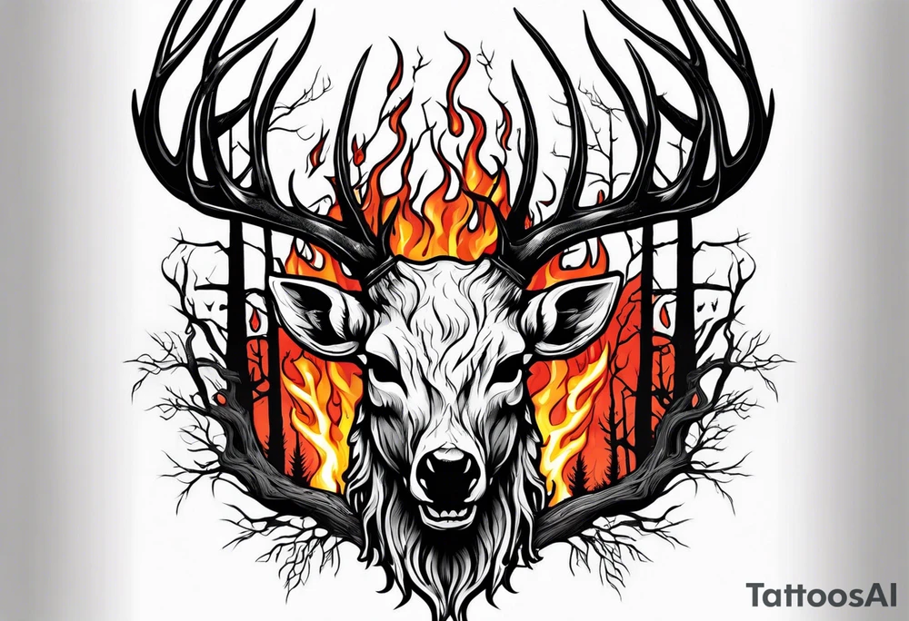 A scary wendigo with a decayed deer skull head with flames and trees tattoo idea