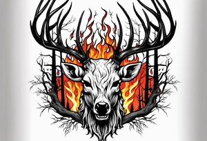 A scary wendigo with a decayed deer skull head with flames and trees tattoo idea
