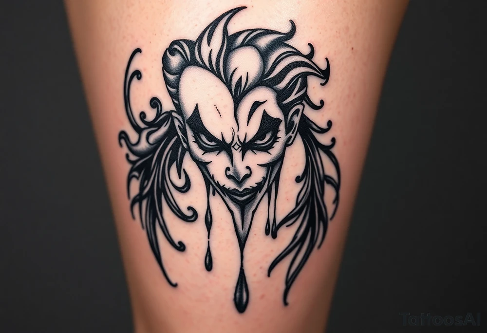 Powerful new age joker half face dripping surrounded with tribal tattoo idea