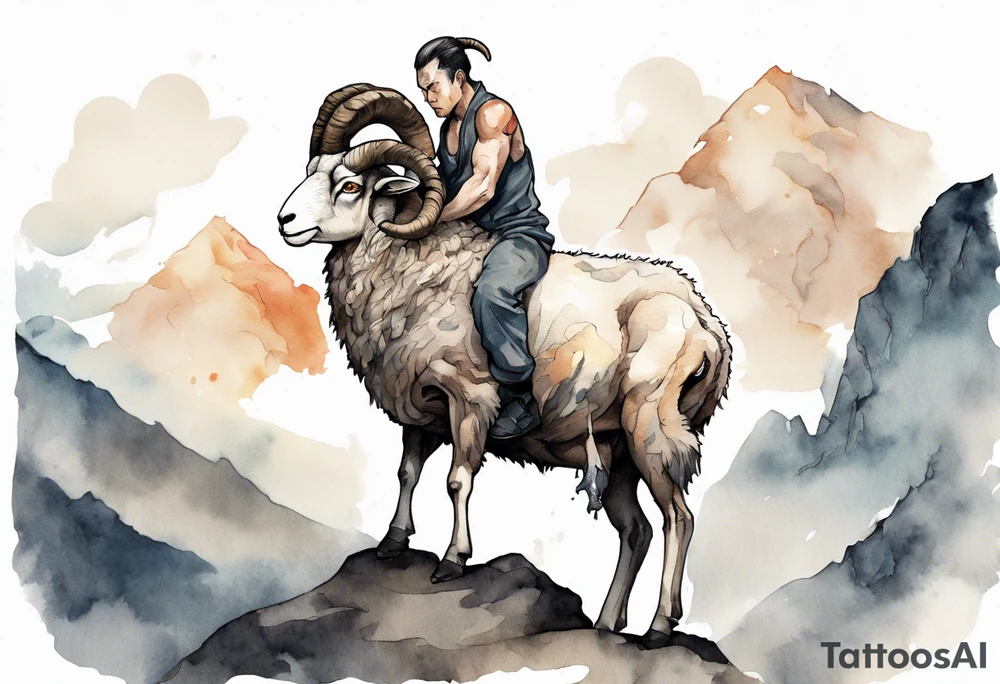 a solitary muscular man with the head of a big-horned sheep, on a mountain tattoo idea
