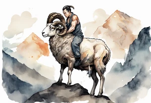 a solitary muscular man with the head of a big-horned sheep, on a mountain tattoo idea