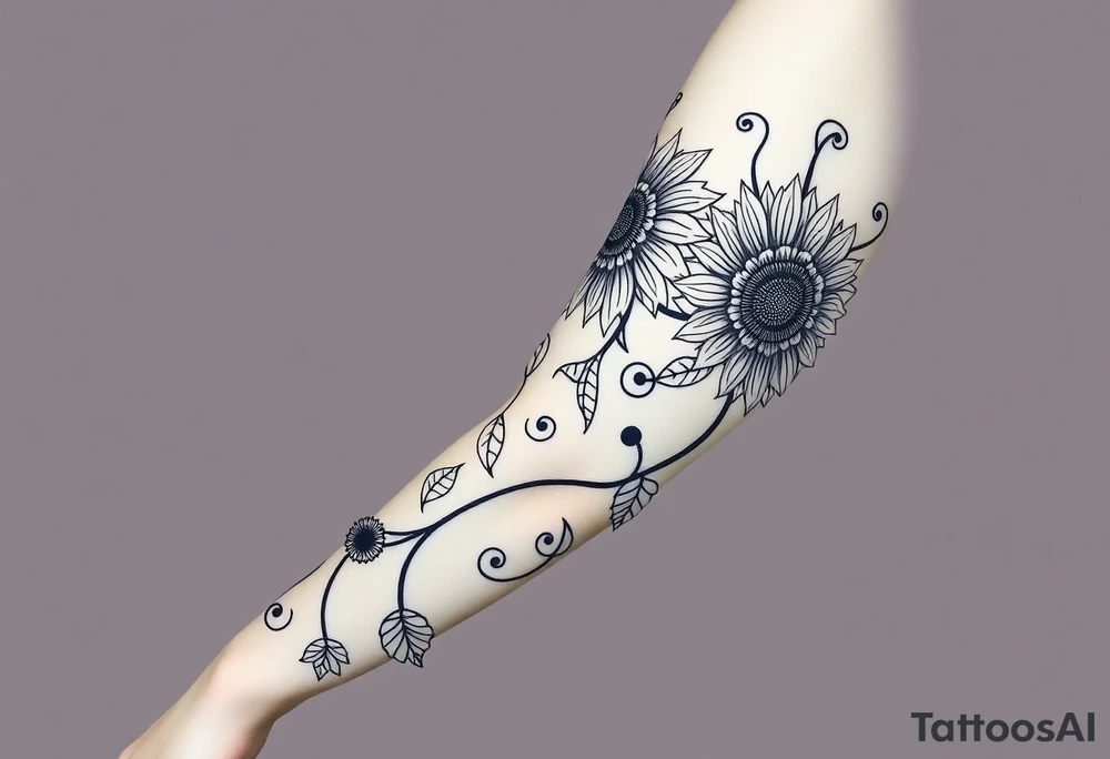 Bohemian, hippie sunflowers/mandalas growing along a swirly vine tattoo idea