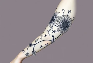 Bohemian, hippie sunflowers/mandalas growing along a swirly vine tattoo idea