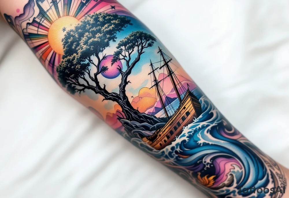a forearm tattoo that has an acacia tree with mountains, ocean with a ship wreck tattoo idea