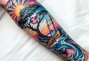 a forearm tattoo that has an acacia tree with mountains, ocean with a ship wreck tattoo idea