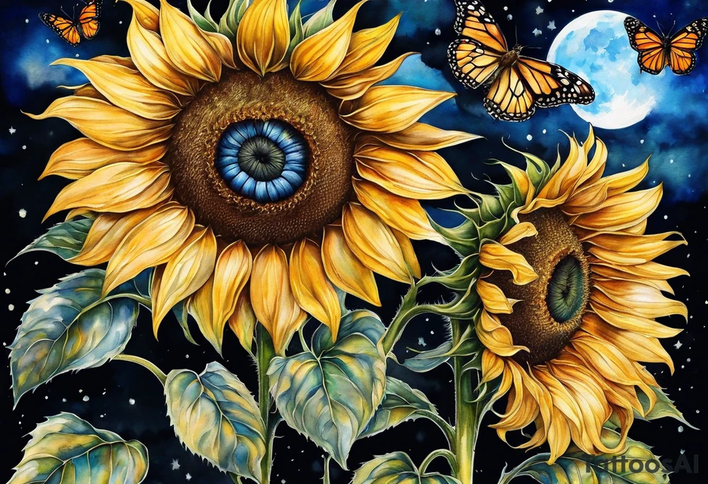 Sunflowers, full moon, blue morpho butterflies cross tattoo idea