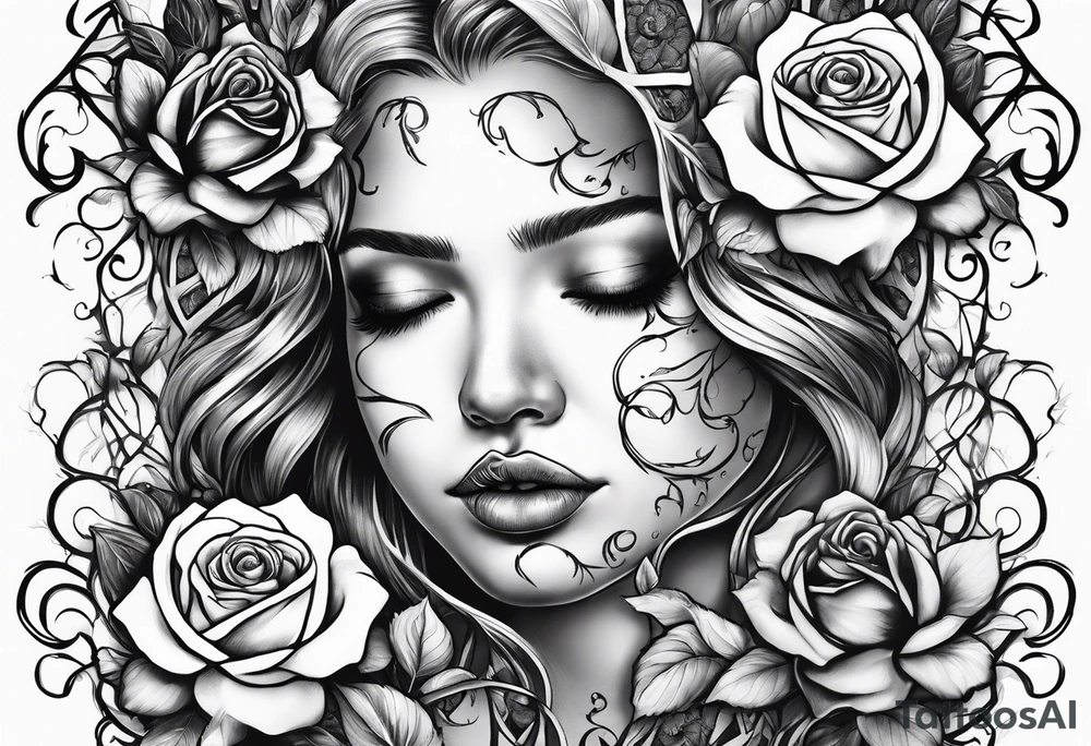 Metallic vines and roses with a crying face tattoo idea