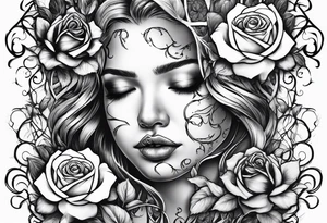 Metallic vines and roses with a crying face tattoo idea