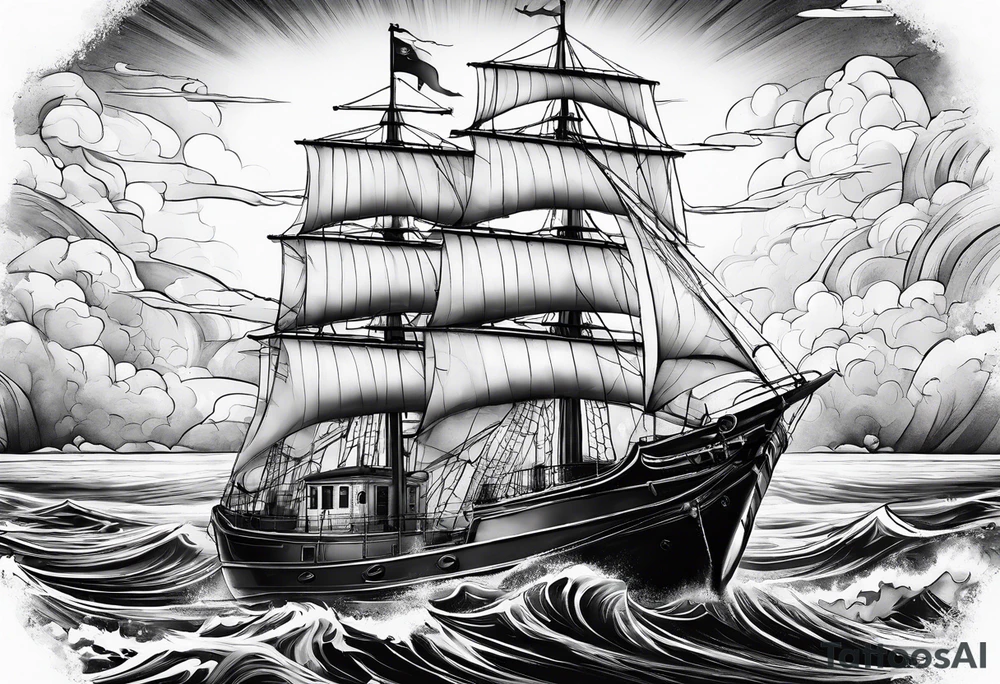 ghost marine lighthouse behind the bow of a sailboat. tattoo idea