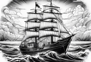 ghost marine lighthouse behind the bow of a sailboat. tattoo idea