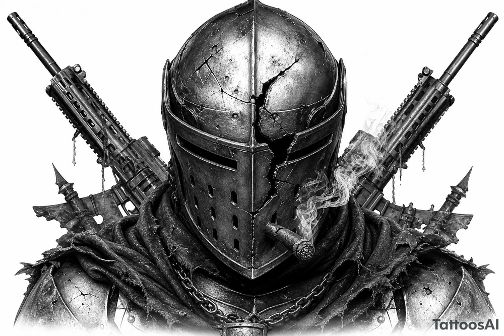 Knight's helmet visor cracked, cigar smoldering, rifles angled in background. tattoo idea
