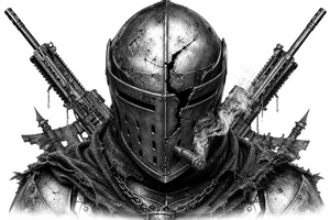 Knight's helmet visor cracked, cigar smoldering, rifles angled in background. tattoo idea